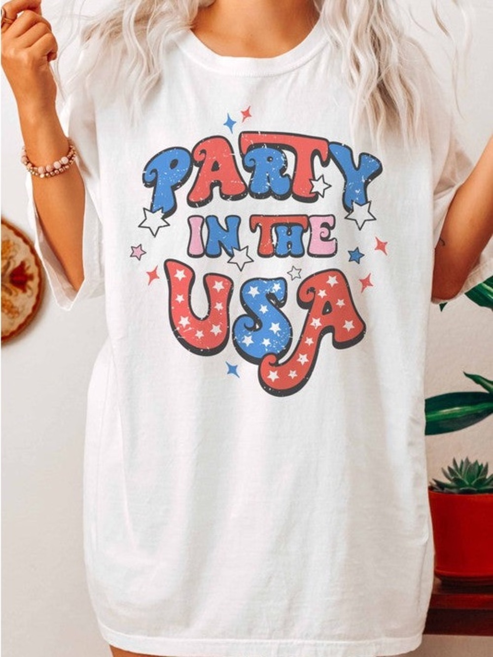 Party in the USA Graphic Tee - White, Red & Blue